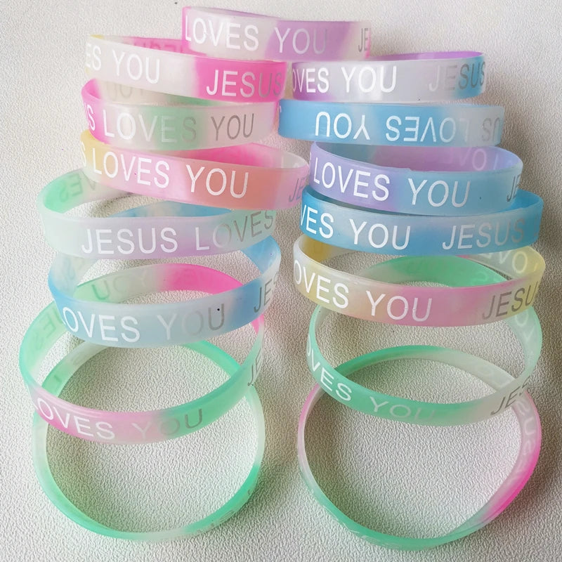 20PCS Lots Jesus Silicone Bracelets  Rubber Band Night Glow Mix Color Hand Wristband Brand