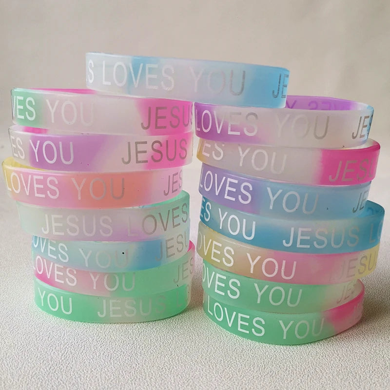 20PCS Lots Jesus Silicone Bracelets  Rubber Band Night Glow Mix Color Hand Wristband Brand