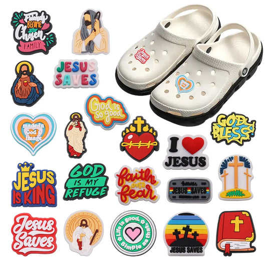 Good Quality 1-20pcs PVC Shoe Charms Jesus Saves Cross Holy Bible God Accessories DIY Shoes Ornament Fit Wristbands Kids Gift